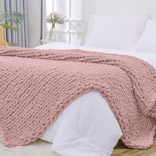 Bigacogo Grobstrickdecke, Überwurf, 129,5 x 160 cm, 100 % handgestrickte Chenille-Überwurfdecke, großes weiches, dickes Garn, Zopfstrickdecke, großes Seilknoten, Häkeldecke, Decke für Couch, Bett,