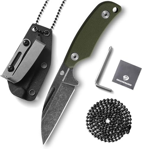 DRACHENADER Schafsfuß Neck Knife Messer mit D2 Stahl Necklace und clip, 5.82“ Full Tang Feststehendes Messer (Blackwash-Finish Klinge + Grüner Griff, S2- Grüner Griff)