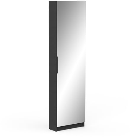 Demeyere - Moderno Mueble Zapatero de Madera para Entrada, con Espejo y Almacenamiento para hasta 12 Pares de Zapatos - Óptimo para Espacios pequeños - Color Negro Mate - 50 x 180 x 21 cm