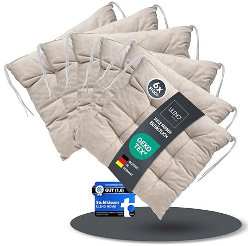 LILENO HOME 6er Set Wende Stuhlkissen Natur (40x40x6 cm) - Streifen Sitzkissen für Gartenstuhl, Küche oder Esszimmerstuhl - Indoor u. Outdoor Stuhlauflage als Stuhl Kissen (Linda FUM)