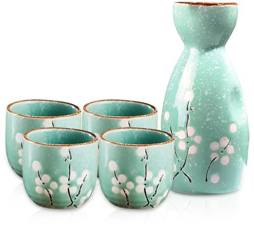 Liwein Sake Set,5-teilig Handbemalt Japanisch Kirschblüte Sake Becher Warm Wein Topf Traditionellektassen Weingläser Basteln Geschenk(Cyan)
