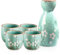 Liwein Sake Set,5-teilig Handbemalt Japanisch Kirschblüte Sake Becher Warm Wein Topf Traditionellektassen Weingläser Basteln Geschenk(Cyan)