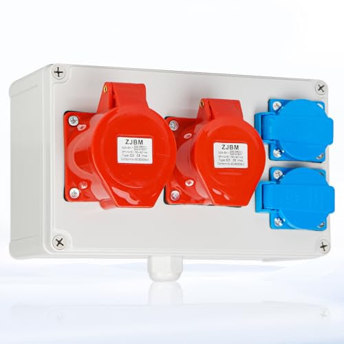 Warmfay Wandverteiler Baustromverteiler Vorverkabelt Stromverteiler, 2x 230V Schuko Steckdosen + 1x CEE 32A 400V + 1x CEE 16A 380V, IP67 Wasserdicht Gehäuse für Innen und Außen
