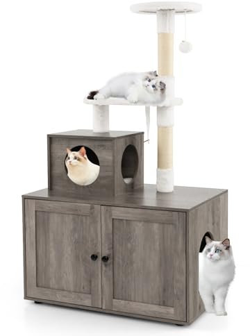 GOPLUS Arbre à Chat avec Meuble Litière pour Chat, Coussin, Balle Suspendue, Niche, Griffoir en Sisal, Style Industriel, 77,5 x 49 x 132cm (Blanc, Non Included bac à litière) (Gris)