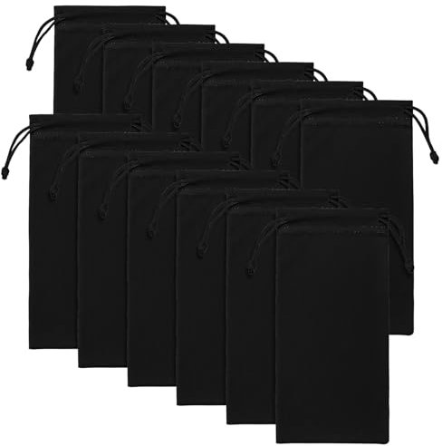 simarro 12 Stück Mikrofaser Brillenetui Weich, Schwarz Brillentasche Brillen Sonnenbrillen Tasche mit Kordelzug, Brillenreinigung und Aufbewahrungstasche für Männer Frauen Reisen