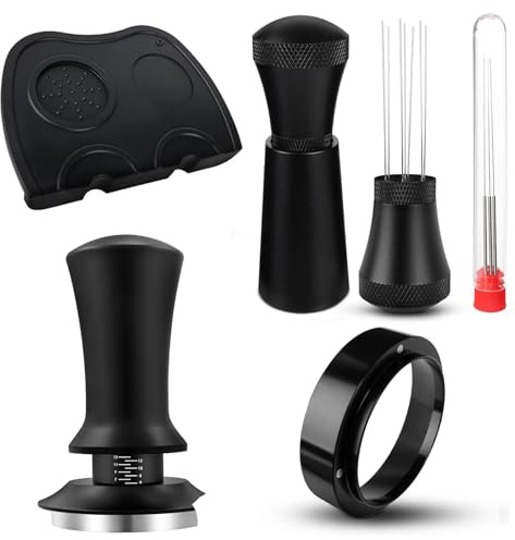 5PCS Coffee Accessories Set 51mm, Food Grade Stainless Steel Espresso Tamper Kit, Tamper Mat, Dosing Funnel, WDT Tool,Spring-Loaded Tamper Flat Steel Base for Espresso Coffee Machine, Black