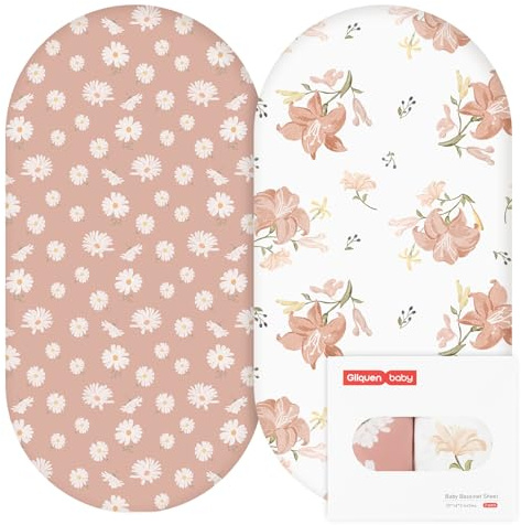 GLLQUEN 2er Pack Spannbettlaken Kinderwagen 81x41 Mikrofaser Öko-Tex Baby | Weicher Matratzenbezug für Beistellbett & Moseskorb, 360° Gummizug gegen Verrutschen(Blume)