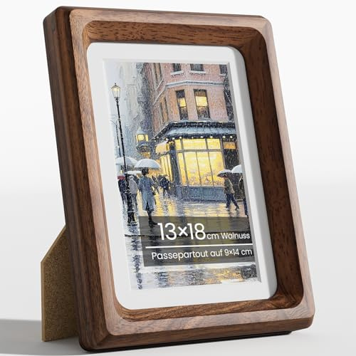 Feihorrm Bilderrahmen 13x18, Natürliches Walnuss Holz Fotorahmen mit Glas | Handgefertigte 13x18 cm Holzrahmen oder 9x14 cm-Fotos mit Passepartout, Wand oder Tisch für Bild Anzeige, Familienbild