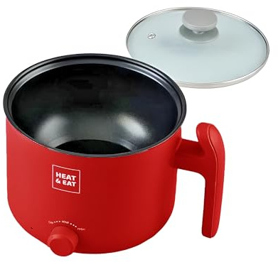Electric Hot Pot Cooker 1.5L Non Stick Mini Stock Pot – Portable Electric Hot Pot with 2 Gear Settings – Multi Purpose Electric Pan Cooker for Ramen Pasta Soup Travel (RED)