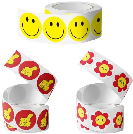 3 Rollen mit 1500 Stück belohnungssticker, Smiley Sticker, lachende Gesichter für Schule und Zuhause, aufkleber smiley für Kinder und Erwachsene, sticker rolle für positive Verstärkung
