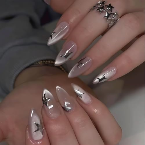 Zimocepuz French Medium Almond-Shaped Press On Nails, 24 Pieces with Sparkling Silver Cat Eye Stars, Ladies Daily Wear, Naturally Reusable