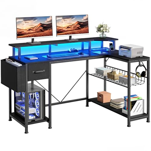 YITAHOME Computer Desk with Power Outlet LED Light 137cm Black | L-shape pc gaming desk, 3 sockets, 2 USB, 7 RGB LED, adjustable shelf storage drawer side pocket monitor stand, home office