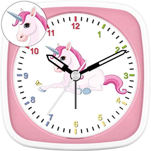 Eurotime Wecker für Mädchen mit Einhorn, Rosa Pink, Kinderwecker, Kunststoffgehäuse und Kunststoffglas, geräuscharmer Wecker, kein Ticken, mit Licht und Weckwiederholung, 27015-22