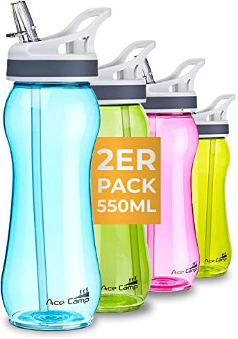 AceCamp Tritan-Trinkflasche, BPA-frei, Sportflasche, Trink-Trinkhalm, 350 ml, 550 ml, 750 ml, Deckel (2 x Blau 550 ml, 550 ml, 550 ml)