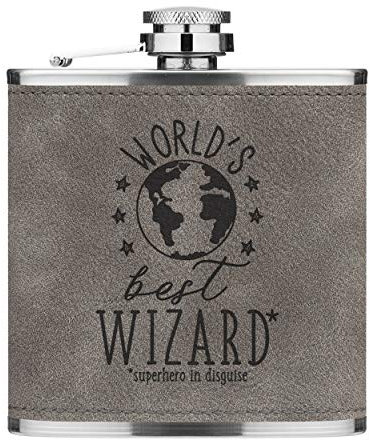 World's Best Wizard 6oz Cuir PU Hip Flasque Gris Luxe