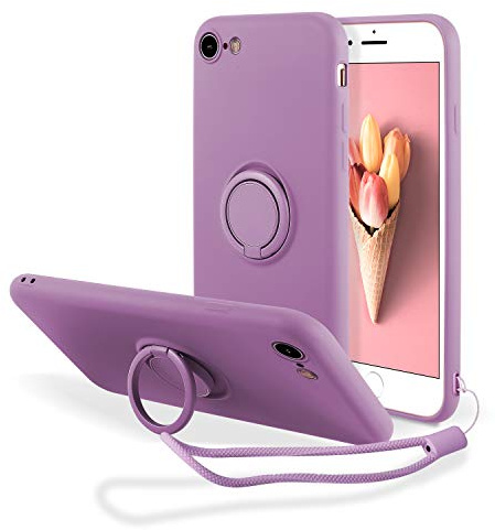 UEEBAI Case for iPhone 7/8/SE 2022 5G/SE 2020, Ultra Slim TPU Shockproof Liquid Silicone Case Ring Holder Kickstand Magnetic Car Mount Cover Wrist Strap for iPhone SE3/SE2 -Purple