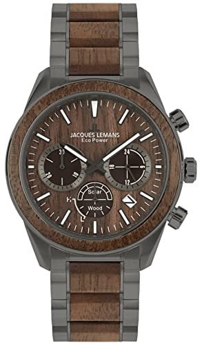 JACQUES LEMANS Holzuhr Herren, Solar Wood Herrenuhr - Model 1-2115K, Chronograph und Armband Grau beschichtet, Edelstahl mit Holzeinlage für Männer, Armbanduhr Holz Herren, Holzuhren für Herren