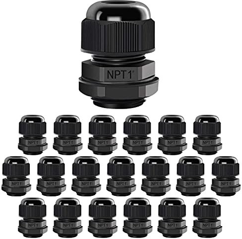 LeMotech 20 Pack NPT 1 Cable Glands Waterproof Adjustable 18-25mm Cable Connectors Black Nylon Joints with Gaskets