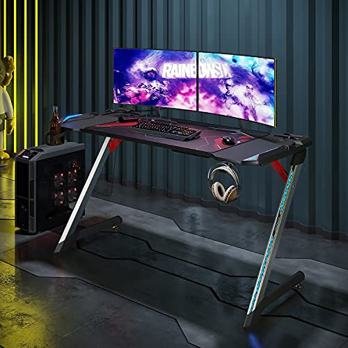 ELEGANT Gaming Desk with LED Lights Large Z-Shaped Office PC Gamer Tables Pro with RGB Lighting for Home Office 140x60cm Headphone Hooks, Cup Holder and Free Mouse Pad Black Computer Table Workstation