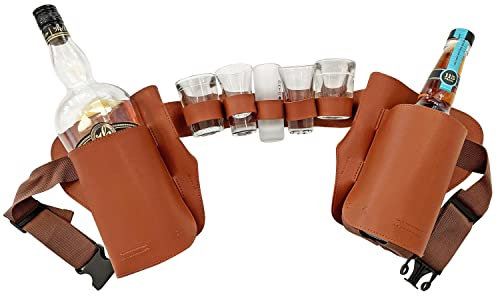 Liquor Holster - Liquor Belt - Shot Holder - Version 2.0 Holds 5 Shot Glasses and 2 Bottles (Brown)