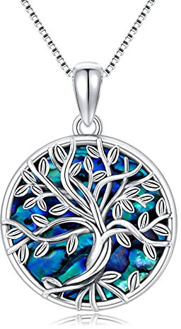 TRISHULA Lebensbaum Kette 925 Sterling Silber Baum Des Lebens Halskette Lebensbaum Anhänger Baum Des Lebens Schmuck Geschenk für Damen Frauen Mädchen (Abalone)