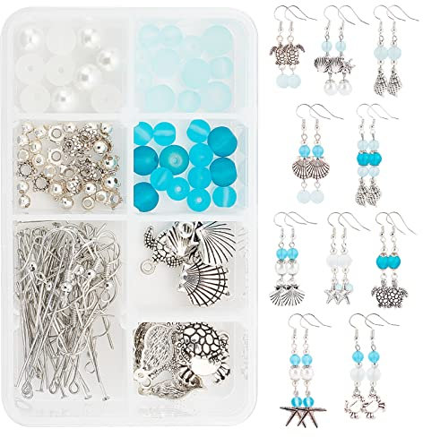SUNNYCLUE 1 Box DIY 10 Paar Blue Ocean Thema Ohrringe Seestern Meeresschildkröte Türkis Ohrringherstellung Kit Schmuckherstellung Zubehör Perlen Starter Kits Für Anfänger Erwachsene Anleitung