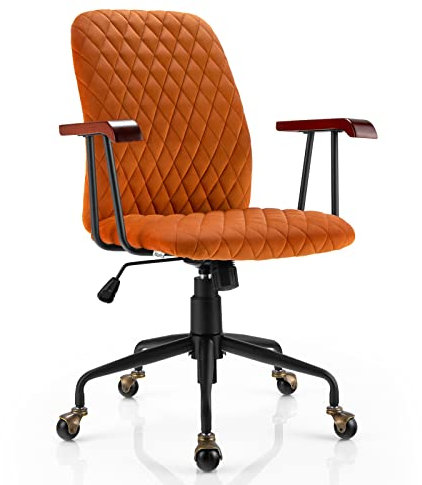 COSTWAY Velvet Office Chair, Ergonomic Swivel Computer Desk Chair with Rubber Wood Armrests, Adjustable Rolling Rocking Executive Task Chairs Tufted Leisure Seat for Home Office Bedroom (Orange)