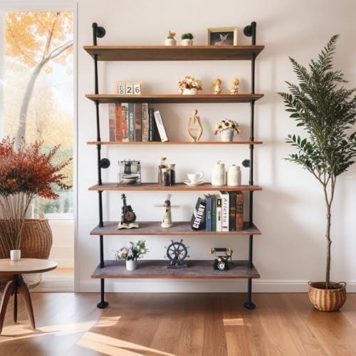 Anynice Industrielles Leiter-Rohrregal, 6 Etagen, Wandmontage, Holz, Metall, Bücherregal für Wohnzimmeraufbewahrung (verwittertes Braun, 25,4 cm T x 121,9 cm B x 209,6 cm H)