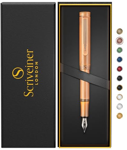 Scriveiner Luxus EDC Füllfederhalter (fein), schwerer Messing-Taschenfüller, Handgebürstetes Kupferfinish, deutsche Schmidt Mine Konverter, Schreib Geschenk-Set Männer Frauen, Designerstift