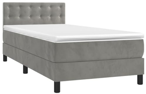 vidaXL Boxspringbett mit Matratze LED Bett Einzelbett Bettgestell Polsterbett Bettrahmen Lattenrost Schlafzimmerbett Hotelbett Hellgrau 90x200cm Samt