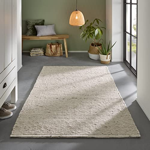 TacaHome Wollteppich Handweb Teppich Gewalkt I Reine Schur-Wolle im Skandinavischen Design I Wohnzimmer Schlafzimmer Esszimmer Kinderzimer Büro | 160 x 230 cm Natur