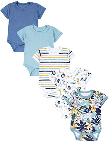 TupTam Baby Body Kurzarm – 5er Set Body Baby aus Baumwolle – Weicher, Atmungsaktiver Kurzarm Body Baby Jungen, Farbe: Koala Safari Streifen Mintgrün Orange Blau, Größe: 104