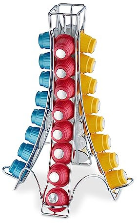 Relaxdays Support pour Capsules, 32 dosettes, Rangement en métal, H x L x P : 30 x 21,5 x 21,5 cm, argenté