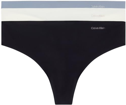 Calvin Klein Women Pack of 3 Thong Invisibles Seamless, Multicolor (Black/Ivory/Flint Stone), L