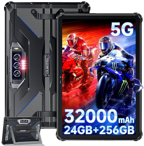 OUKITEL RT7 5G Rugged Tablet 10.1 Inch, 24GB(12+12) RAM +256GB ROM 32000mAh 33W Fast Charging, Android 13 Gaming Tablet Dual SIM 5G,48MP+32MP Camera, IP68/IP69K,Blue