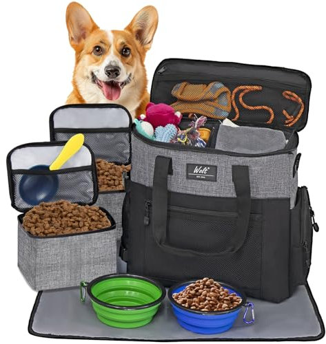 WOLT Hunde Reisetasche Hundetasche für Reisen und Zubehör mit 2 faltbaren Näpfen, 2 Futterbehältern, 1 Platzset, Grau
