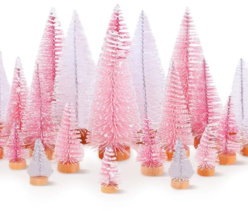 Leyndo 24 Pcs Pink White Artificial Mini Christmas Tree Xmas Sisal Bottle Brush Trees with Wood Base Christmas Decor for Xmas Party Table Top Winter Ornaments Home Kitchen Crafts