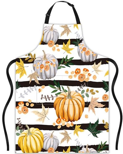 JASAKOO Schürze, Geschenke für Frauen, Latzschürze mit verstellbarem Hals, wasserdicht, geeignet für Küche, Kochen, Geschenke, Herbstblätter, Kürbisblume, gestreift, Einheitsgröße
