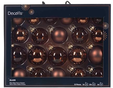 Decoris Weihnachtskugeln Glas 5-7cm 21er Set - matt & glänzend & transparent - Christbaumkugeln Weihnachtsbaumkugeln für Weihnachtsbaum - Kerstbal Glas d7 cm esprss Ass 21st kerst Espressobraun