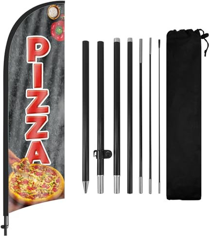 FSFLAG Pizza-Federflagge mit Fahnenmast-Set und Erdspieß, 2,5 m, windlose Pizza-Flagge, Banner, Schild, Geschäft für Außenwerbung