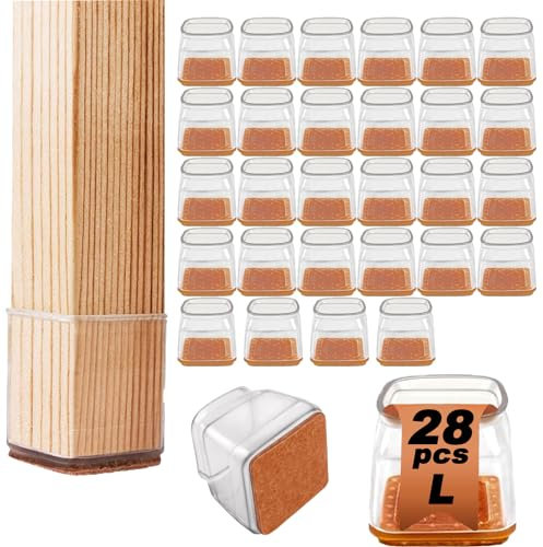 28 Piezas Protector Sillas Patas Protectores de Suelo para Patas de Silla Cuadradas, Silicona Tapas de Piernas de Silla con Almohadilla de Fieltro Engrosada Transparente(30-40mm)