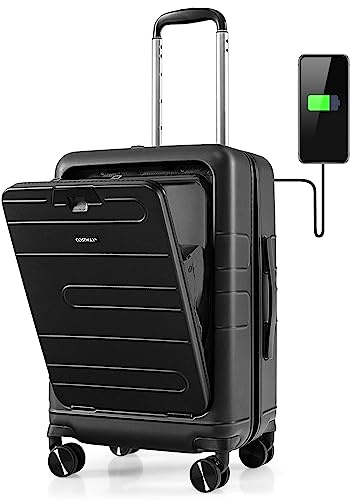 GYMAX Valise Cabine 20'', Poche Avant & Port USB Type-C & Tige Télescopique à 4 Niveaux & roulettes Lisses & Double Serrure TSA, Bagage à Main pour Voyages d'affaires (Noir)