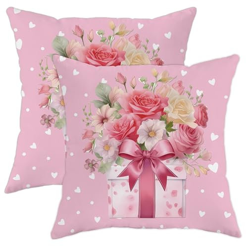 Valentine's Day Throw Pillow Cover Set of 2 Floral Gifts Box Bows Rose Plant Pink Velvet Comfortable Bedding Decor Printed Washable Gifts playroom Dorm Outdoor Pillow Cases 18x18inch