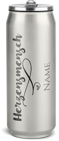 PR Print Royal Edelstahl-Trinkflasche personalisiert mit Name - Herzensmensch - Cola-Dosen-Optik, Geschenk für Freunde | Doppelwandig, Klappbares Mundstück mit Trinkhalm, Grau Metallic, ca. 420 ml