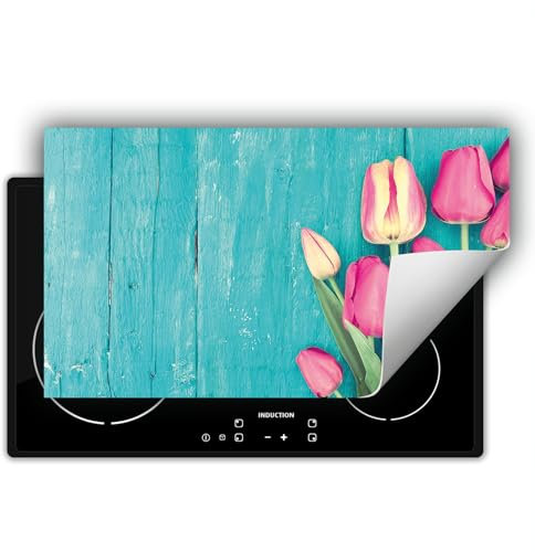DarHaus Herdabdeckplatte Einteilig Ceranfeld Abdeckplatte Induktionsschutz Küche Deko Vinyl Matte Aufrollbar 90x52 cm, türkis - Holz - Tulpen
