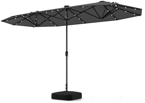 COSTWAY Doppelsonnenschirm mit Ständer und LED-Leuchten, 400 x 200 cm, Sonnenschirm Groß XXL, UPF 50+, Gartenschirm mit Kurbel, Terrassenschirm, Marktschirm für Garten, Terrasse & Pool (Anthrazit)
