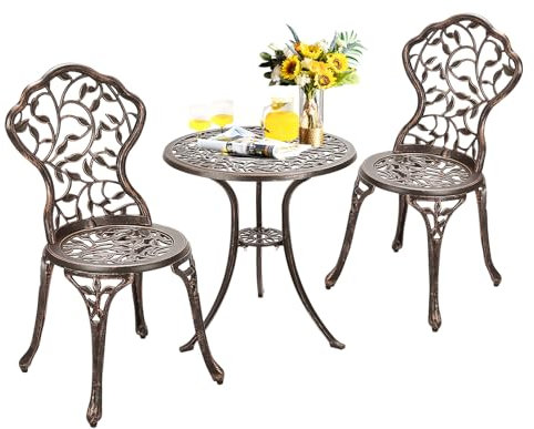 KOMFOTTEU 3 TLG. Bistro Set aus Aluminiumguss, Gartenmöbel Set mit 2 Gartenstühle & Gartentisch, Sitzgarnitur mit Blattmuster, Balkon Möbel Set für Balkon Garten Terrasse