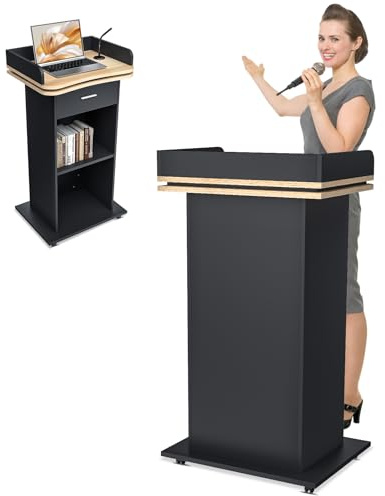 Vakiorn Tragbares hölzernes Podium, Rednerpult-Podium-Ständer, reserviertes Drahtloch, feststellbare Räder, Design mit Aufbewahrung, stehender Holzkanzel für Kirche, Büro, Schule, Heimkonferenz