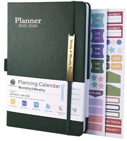 Terminplaner 2025-2026 - 18 Monate Terminplaner von Januar 2025 bis Mitte Jun.2026, A5 Wochenansicht, Wochen- & Monatsplaner mit Ledereinband, Stiftschlaufe, Innentasche (Grün)