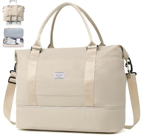 TANTOMI Reisetasche Handgepäck,Sporttasche Damen,46x23x32 cm,Handgepäck Tasche Weekender Bag wasserdichte Reisetasche Duffle Bag Trainingstasche Kliniktasche Geburt Geeignet Urlaub Camping,Beige